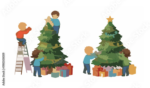 Boys decorating Christmas tree hanging ornaments and lights festive kids activity vector illustration isolated on white background