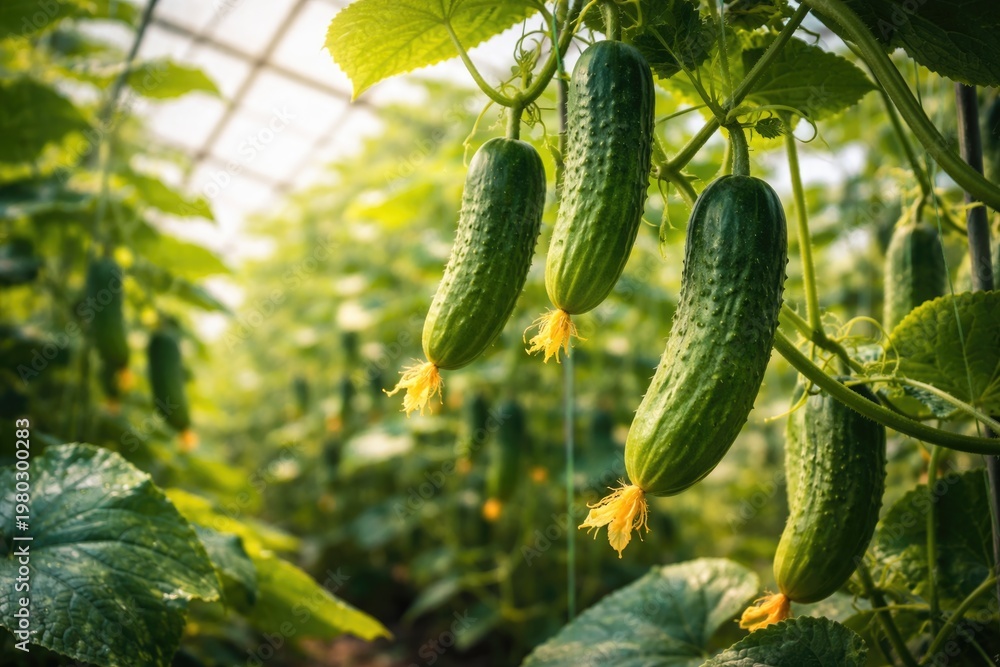 Naklejka premium Young cucumbers hanging from green vines in a lively greenhouse