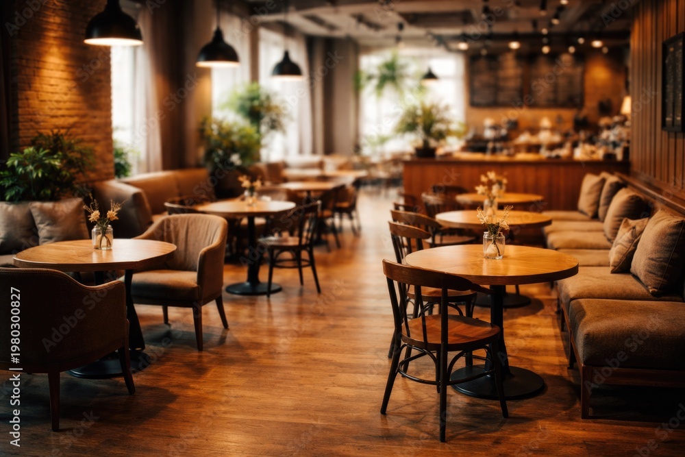 Fototapeta premium Customer seating area in coffee shop with ample copy space for text