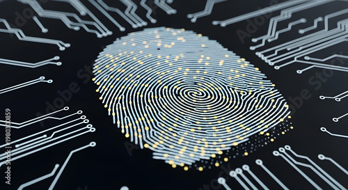 Digital fingerprint biometric security on futuristic circuit board background