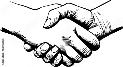 Hand Drawn Handshake Black and White Illustration in Minimal Line Art Style Design