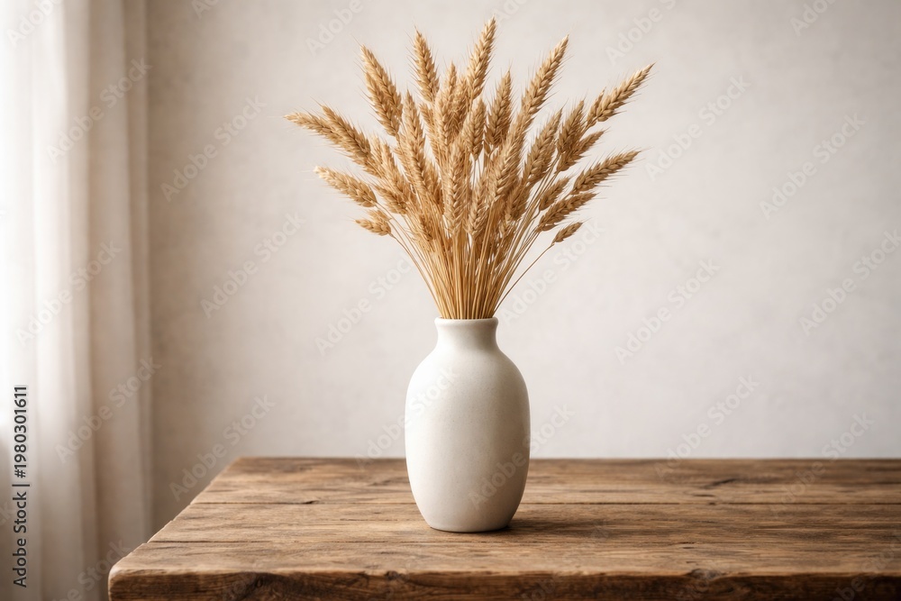 Fototapeta premium Elegant dried wheat stalks in a white ceramic vase on rustic wooden table with minimalist white wall backdrop