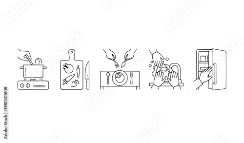 Minimal kitchen activity icons cooking washing eating fridge line art black and white vector illustration isolated on white