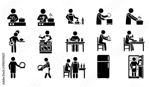 Kitchen activity pictogram set cooking washing eating refrigerator icons black and white vector illustration isolated on white