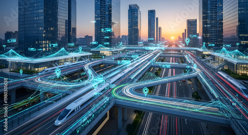 Futuristic smart city at dusk with high-speed transit and glowing skyscrapers
