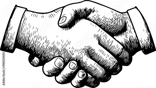 Hand Drawn Handshake Black and White Illustration in Minimal Line Art Style Design