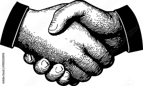 Hand Drawn Handshake Black and White Illustration in Minimal Line Art Style Design