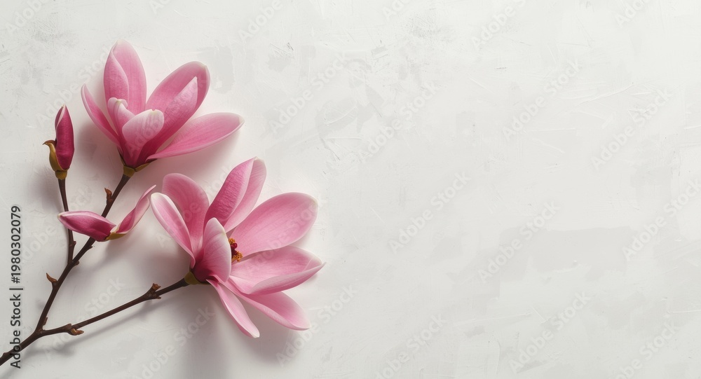 Obraz premium Pink magnolia flowers positioned on a gentle shadow white textured backdrop with copy space