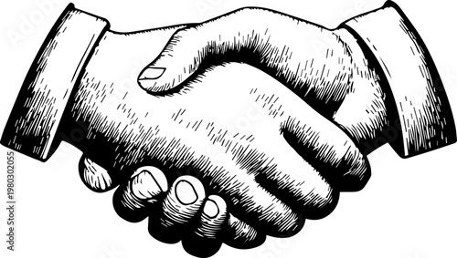 Hand Drawn Handshake Black and White Illustration in Minimal Line Art Style Design