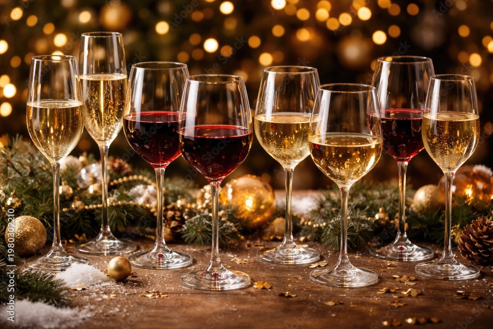 Fototapeta premium Festive holiday display of elegant wine glasses with assorted red and white wines