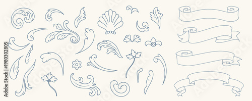 Vintage rococo floral ornaments and decorative scroll ribbons set