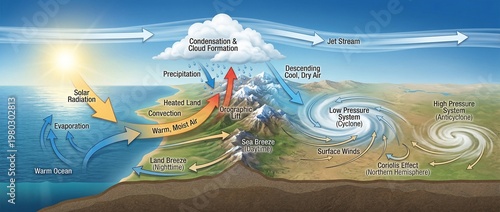 Scientific Diagram Depicting the Earth's Water Cycle, Atmospheric Conditions, and Various Weather Systems