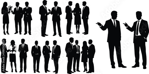 Business people silhouettes set, corporate team discussion meeting, professional men women talking, isolated black figures, office communication concept illustration