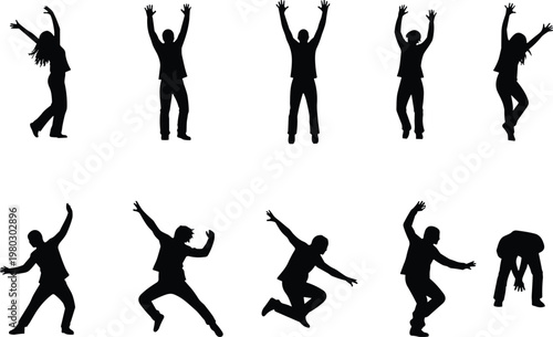 Dancing and jumping people silhouettes set, energetic poses collection, raised hands movement, isolated black figures, dynamic action lifestyle concept illustration