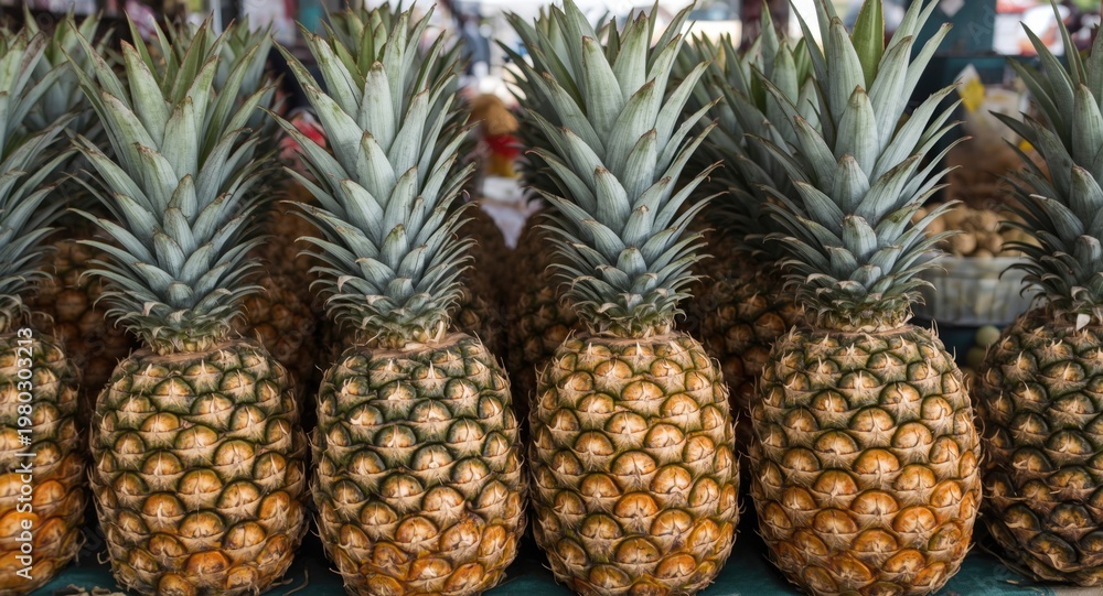 Fototapeta premium Tasty pineapples prepared for sale at outdoor vendor booth