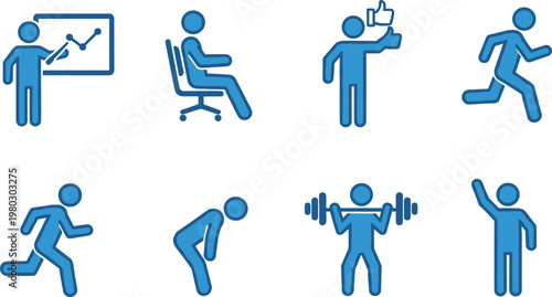 Business and activity icons set, blue human pictograms, office work presentation fitness running gestures, modern flat design, isolated vector illustration