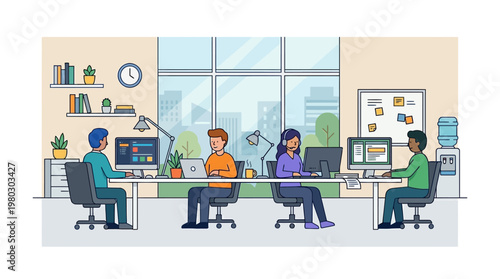 Modern Office Coworking Space with Diverse Team Working on Computers, Flat Vector Illustration of Business Workspace and Collaborative Environment