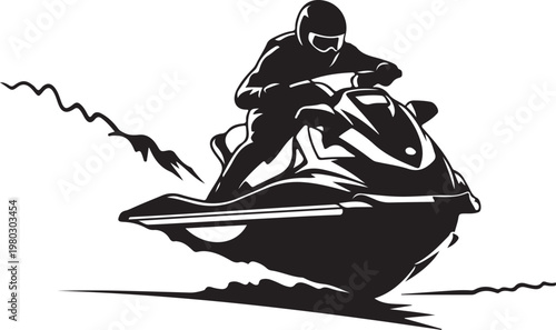 Jet ski, racing watercraft, speed boat, motorized vehicle, black and white vector