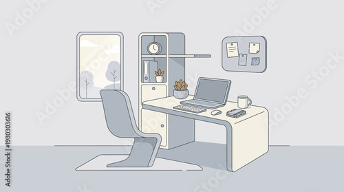 Minimalist Modern Home Office Workspace Illustration with Laptop, Desk, and Organized Interior Design