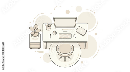 Minimalist Top View Office Workspace Illustration with Computer, Desk, and Plants in Neutral Beige Tones - Clean Home Office Flat Lay for Remote Work and Productivity Concepts