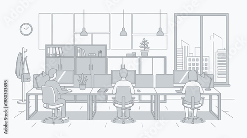 Modern Minimalist Open Plan Office Workspace Illustration with Business Employees Working at Computers