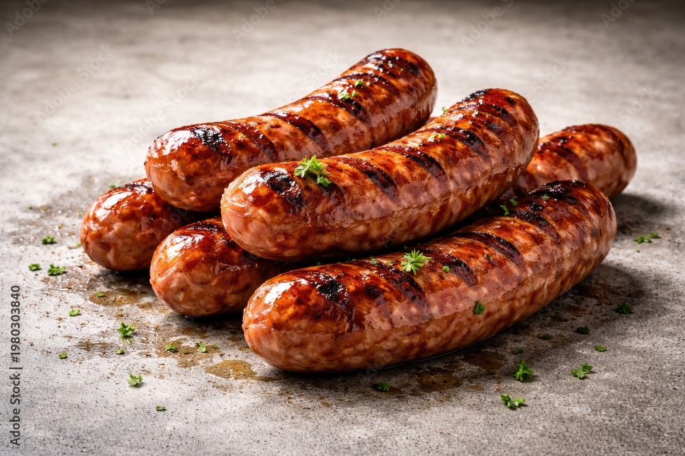 Fototapeta premium Close up of cooked sausages on smooth concrete surface with copy space