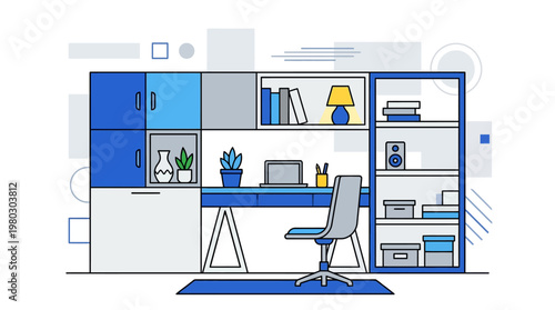 Minimalist Home Office Workspace Illustration, Modern Study Room with Desk, Laptop, Bookshelf, and Indoor Plants, Flat Vector Line Art Design