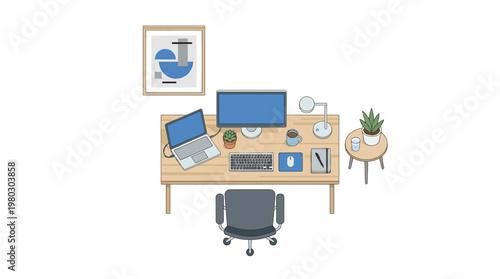 Minimalist Home Office Workspace Vector Illustration with Desk, Computer, Laptop and Chair on White Background