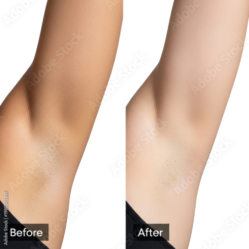 ultra-detailed macro diptych comparing hyperpigmented, rough underarm skin before to smooth, lightened, porcelain skin after, clinical white background. visual effectiveness comparison