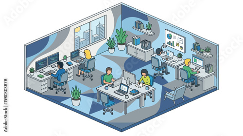 Modern Isometric Office Workspace Illustration with Diverse Professional Team Working on Laptops and Computers, Tech Startup and Data Analysis Concept