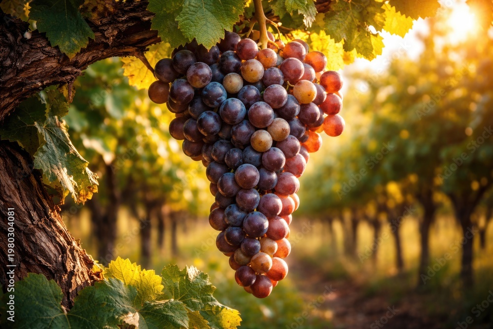 Fototapeta premium A ripe cluster of grapes growing on a vineyard vine ready for harvest