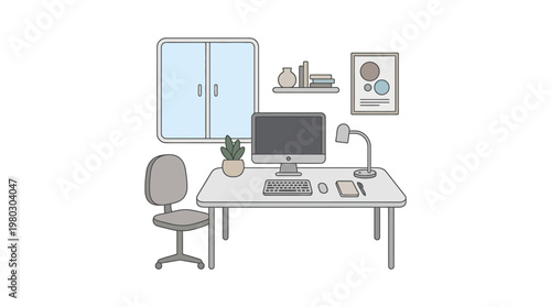 Modern Minimalist Home Office Workspace Illustration with Computer, Desk, and Chair on White Background