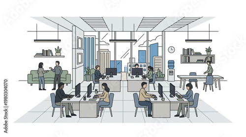 Modern Open Plan Office Interior Illustration with Diverse People Working at Desks and City View