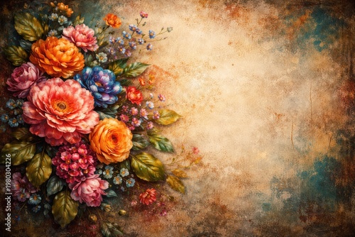 vibrant floral artwork on a textured grunge background with copy space