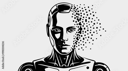 A black and white vector illustration of a robotic humanoid with a pixelated face
