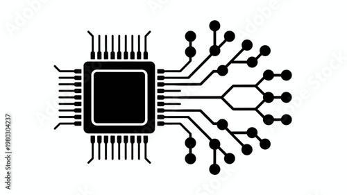 A black and white vector graphic illustration of a computer microchip with circuit board connections