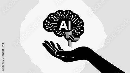 A vector graphic illustration of a hand holding a brain with AI circuitry