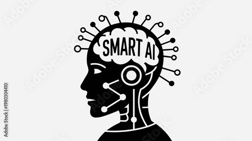 A black and white vector graphic illustration of a human head with a brain that says SMART AI and has circuit board lines and microchip connections.