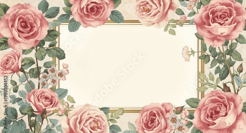 Vintage pink rose collage with wedding greeting frame and pastel floral card