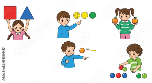 Cartoon illustrations of children engaged in educational math activities like counting, identifying shapes, and learning arithmetic symbols.