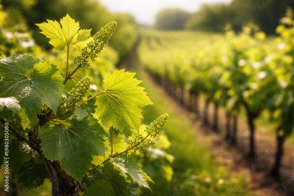 Naklejka premium Fresh Spring Grapevine Foliage with Flower Buds in Sunlit Vineyard