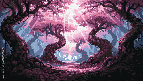 Vibrant illustration of twisted tree trunks forming a natural archway with pink and purple hues against a bright light background in a fantastical forest.