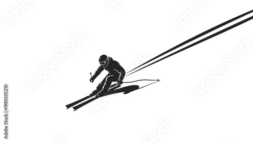 A skier in a dynamic pose speeding down a slope with motion lines against a clean white background in a black and white silhouette.
