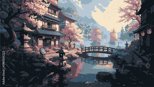 Serene Japanese village scene with a bridge over a river, surrounded by cherry blossom trees and traditional architecture in a soft, cinematic lighting with warm tones.