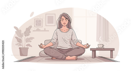 Woman Meditating at Home, Peaceful Yoga Session, Serene Atmosphere