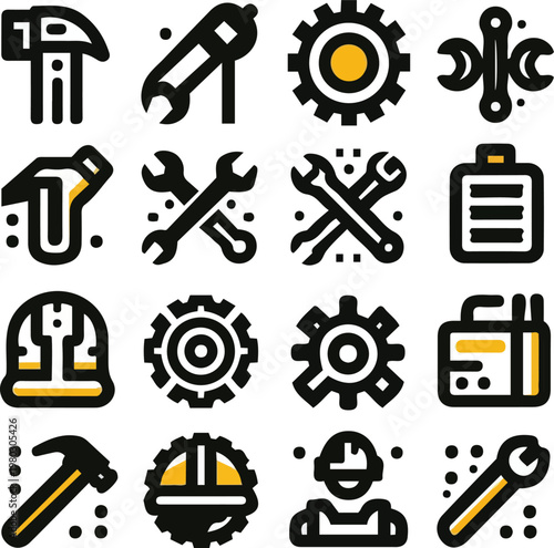 Construction Tools and Worker Icons Vector Set