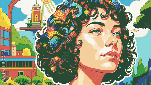 Illustration of a woman with curly hair and colorful flowers in her hair against a vibrant cityscape background with buildings and trees under a blue sky.