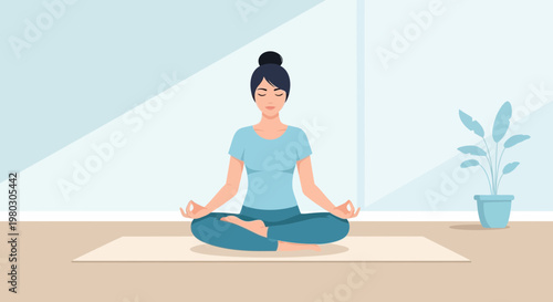 Woman Meditating in Lotus Pose on Yoga Mat, Peaceful Mind, Serene Home Environment