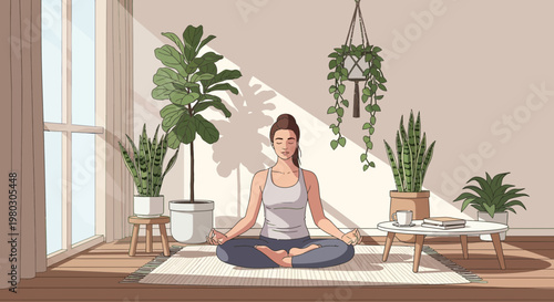 Woman meditating in lotus pose at home, surrounded by plants, bathed in sunlight.