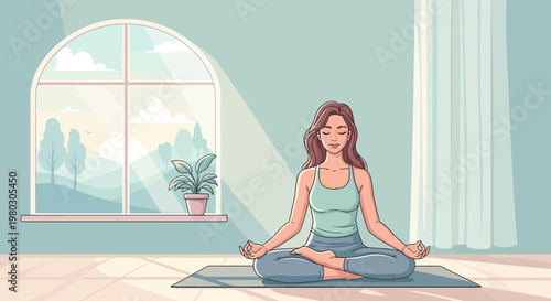 Woman Meditating in Lotus Pose by Sunny Window, Peaceful Home Yoga Practice